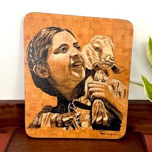 Girl with Her Goat Painting Drawing on Wood Board Slice Vintage Art Animal Art
